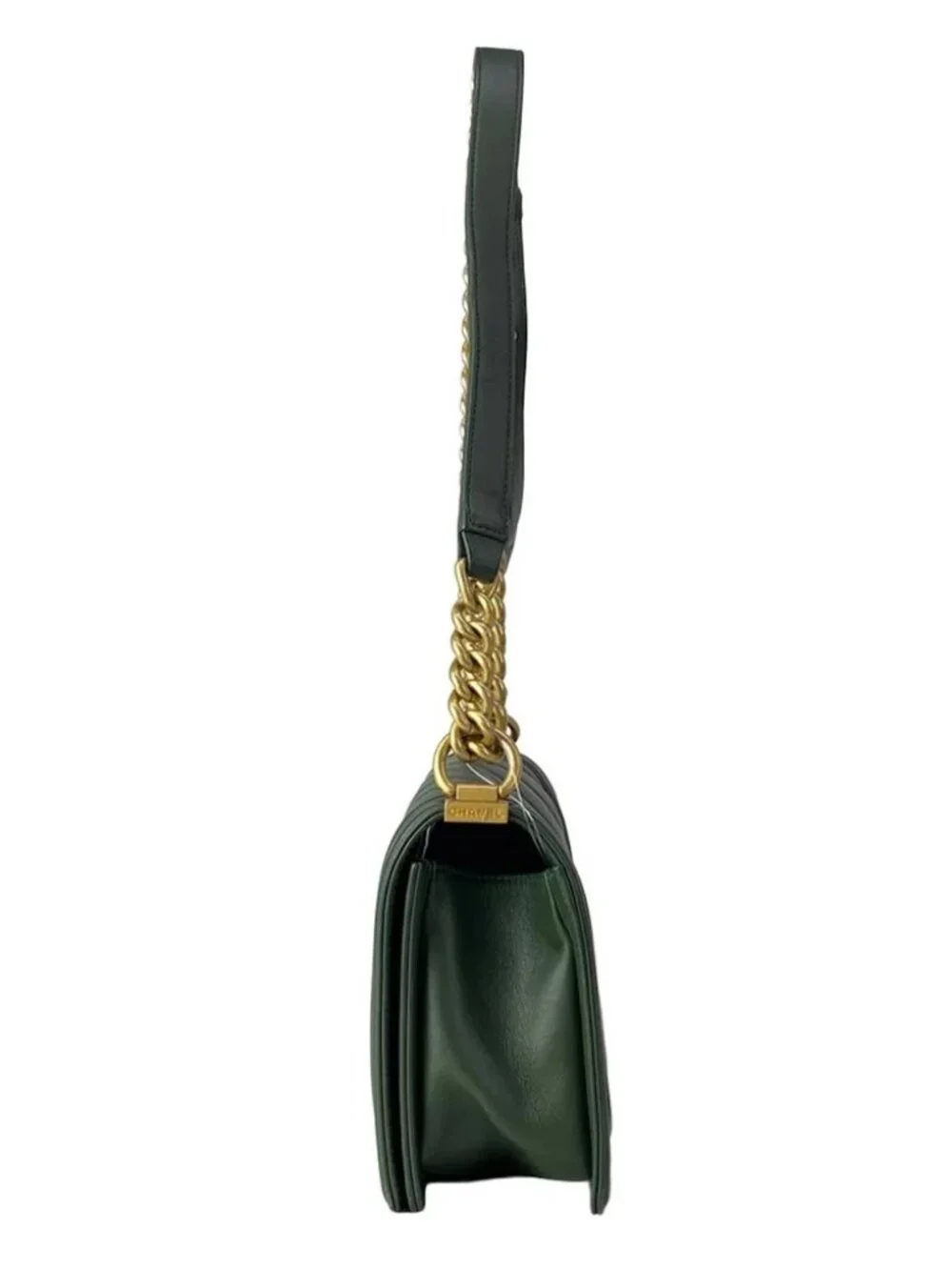 CHANEL Boy Chanel /Matelasse Dark Green Leather Shoulder Bag gold hardware